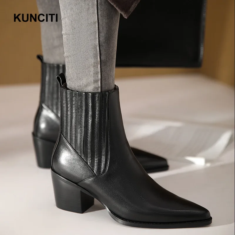 KUNCITI/; ботильоны на высоком каблуке; женские короткие ботиночки из натуральной кожи; модные эластичные ботинки «Челси» с острым носком; D9210