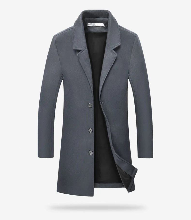 Осенне-зимнее теплое шерстяное пальто для мужчин, Повседневное платье, длинный Тренч, мужская приталенная шерстяная куртка цвета хаки, однотонный однобортный бренд