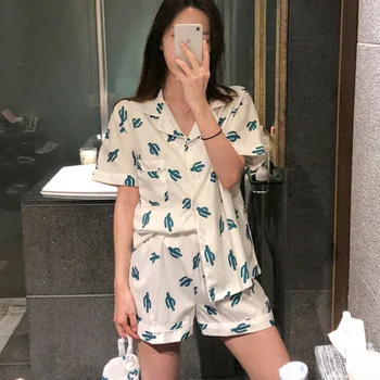 

Chic Cactus Print Home Clothes Summer Women Sweet Sleepwear Lapel Sleep Tops+Shorts Girls Pyjamas Soft Kawaii Korean Pijama S916