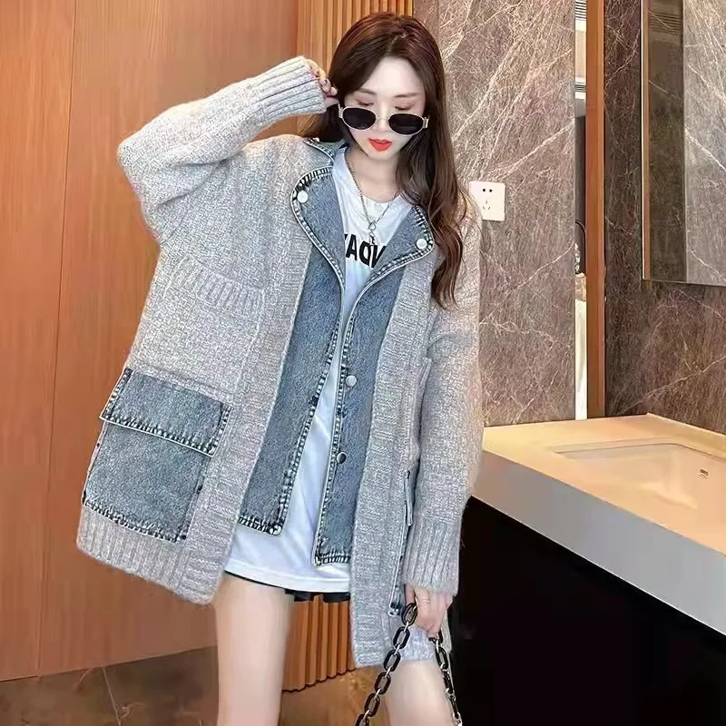 

2082 Autumn Winter Women Denim Jackets Patchwork Knitted Fashion Button Pockets Vintage Casual All-Match Loose Female Short Coat