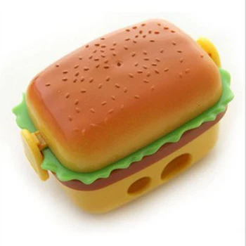 

Creative Design 2 Hole Hamburger Shape Pencil Sharpener With Two Rubbers/eraser Kids School Pencil Knife Stationery Supplies