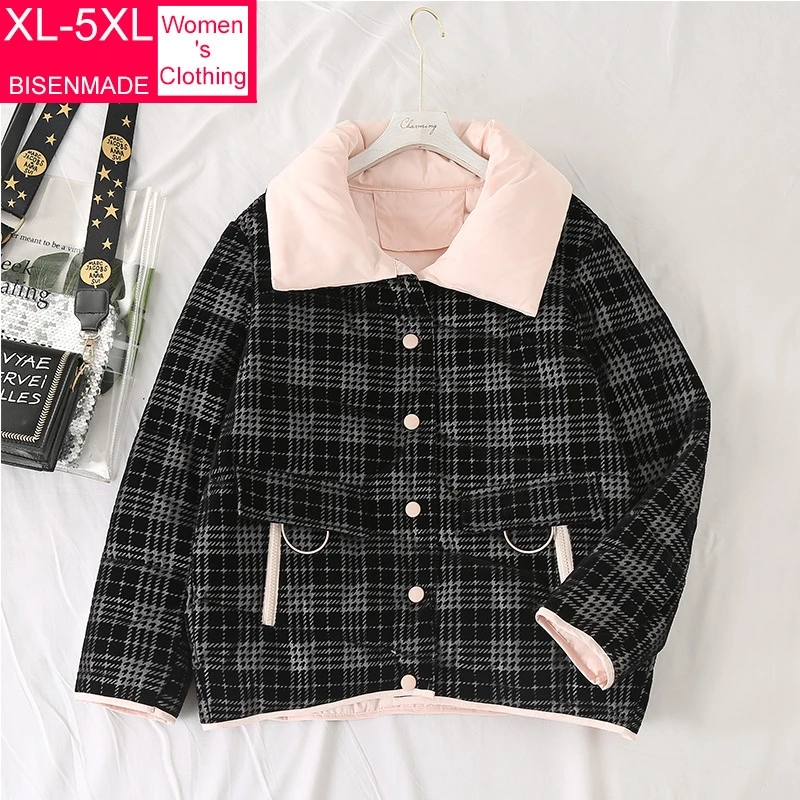 

BISENMADE Women's Down Cotton Jacket 2020 Winter New Oversize Chic Plaid Parka Casual Contrast Color Short Coat For Female