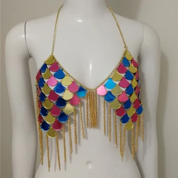 

Nightclub Show Costumes Halter Color Fish Scale Sequins Chain Tassel Vest Halter Neck Bra Women Rave Pole Dance Wear DT2920