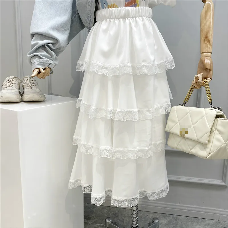 [EWQ] 2020 Spring New Sweet Lace-paneled Layered Ruffled Women All-amtch White Skirt Simple Casual Lady Cake Skirts QX854 | Женская