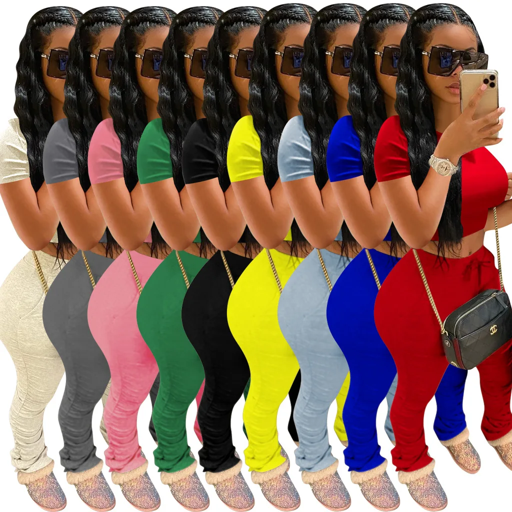 

Two Piece Set Casual Tracksuit Women Short Sleeve Shirts And Stacked Sweatpants Sets Pink Outfits Women'S Clothing Plus Size