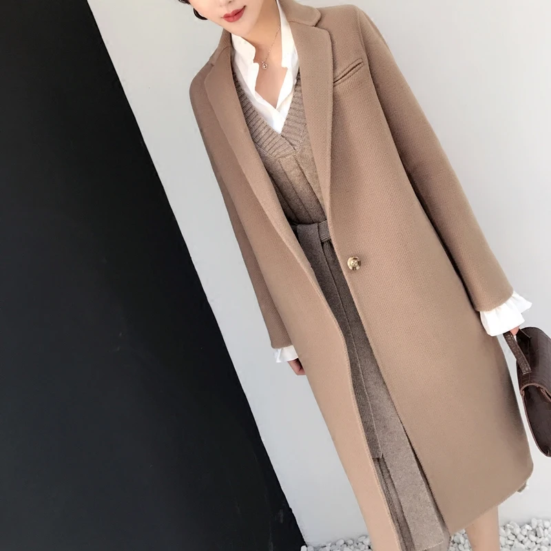 

New Double Faced Woolen Overcoat Medium Length Suit Collar Coat Women's Autumn and Winter Camel Women's Khaki Outwear Single