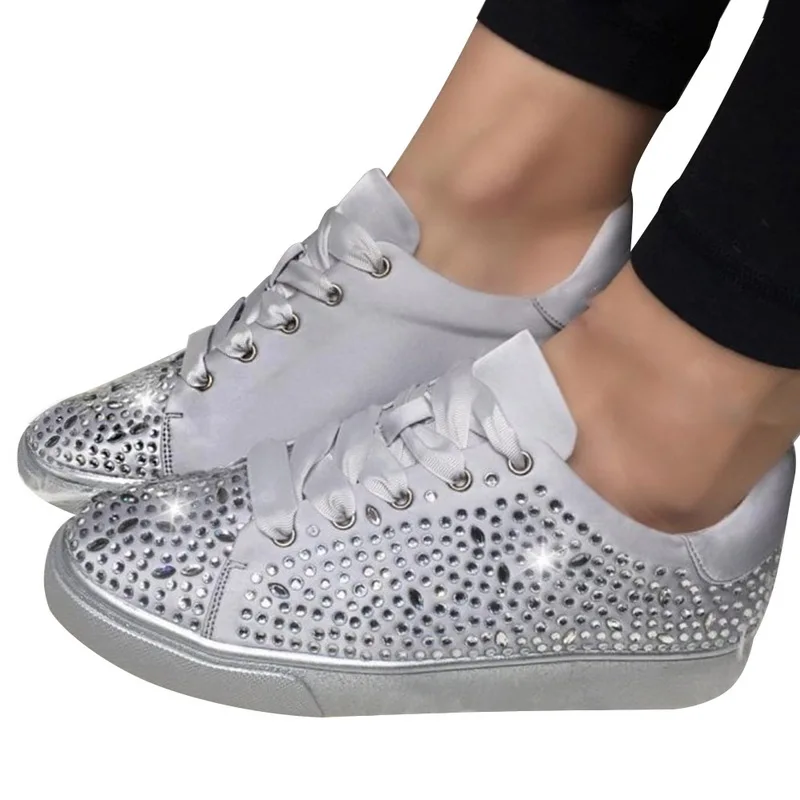 HEFLASHOR/женские шикарные кроссовки; повседневная обувь на плоской подошве; Женская Вулканизированная обувь с кристаллами; модная обувь для спорта на открытом воздухе; сверкающая обувь для бега - Цвет: white