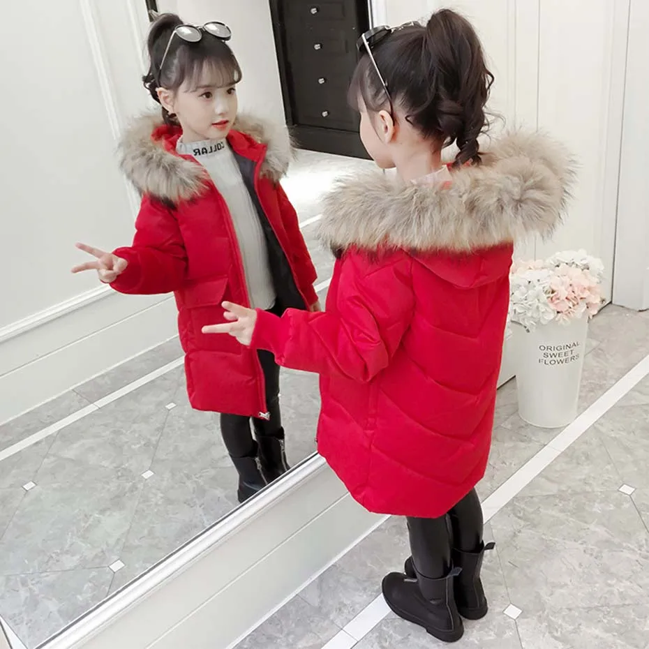 Girls Down Coat Thick Girl Coats Hooded Fur Collar Girls Down Jackets Winter Warm Children's Clothes For Girls 6 8 10 12 14 Year