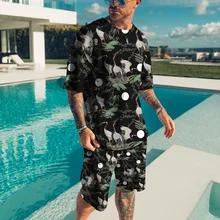 

Summer Men's Sports Suit Retro Men's Round Neck T-Shirt Short Sleeve Set 3d Printed Crane Plus Size Fashion Jogging Shorts Set