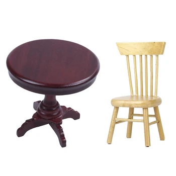 

2 Pcs 1/12 Dollhouse Wooden Furniture: 1 Pcs Wooden Chair Wood Color & 1 Pcs Miniature Round Table