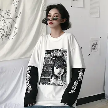 

ZHIJING Retro Spoof Cartoon Loose Casual Fake Two-Piece Base Long-sleeved T-shirt Short sleeved clothes men t shirt