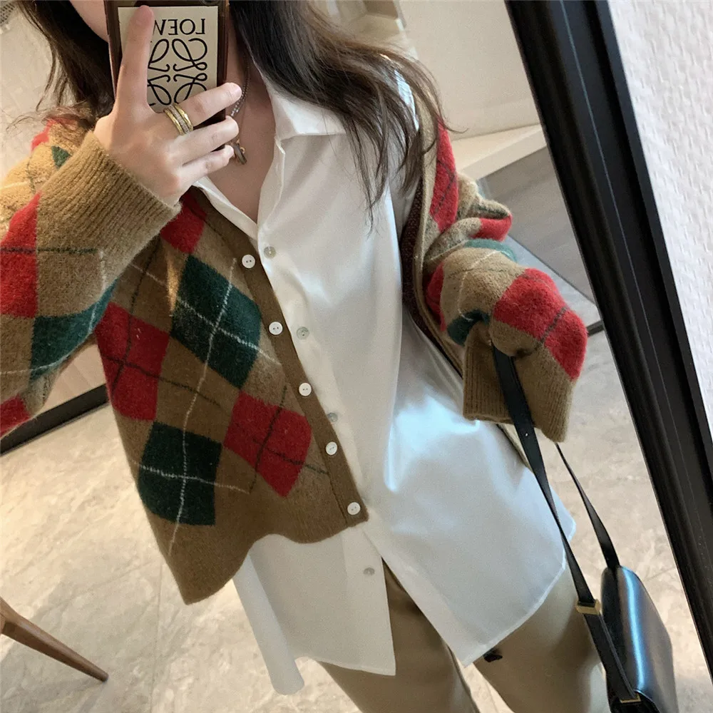 2021 autumn winter new women's sweater loose V-neck diamond knitted cardigan Green Vintage sweater coat кардиган женский сетка long cardigan