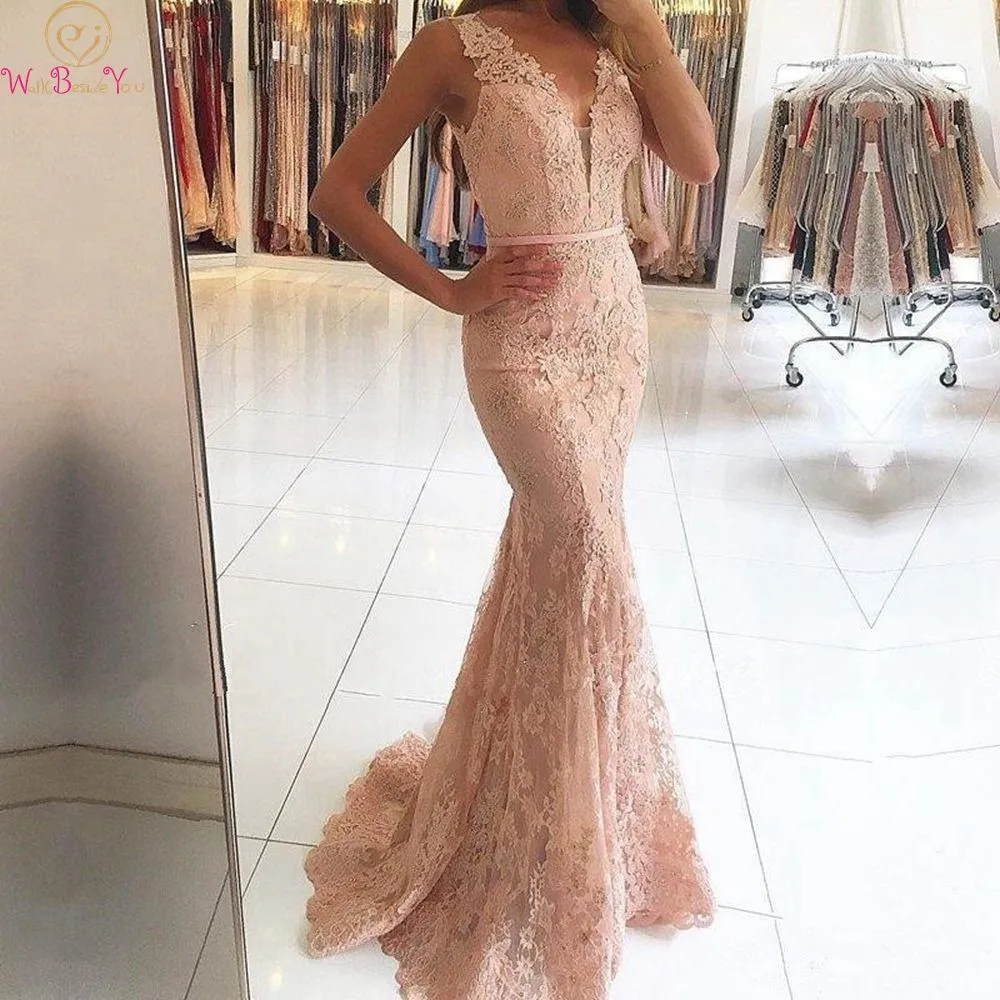 

Pink Evening Dresses Long 2019 Mermaid V-Neck Elegant Sleeveless Formal Appliques Lace Illusion Back Prom Gowns vestido de festa