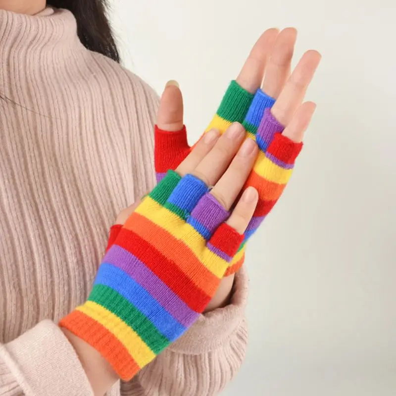 Взрослые дети радужные полосы короткие перчатки без пальцев до запястья Вечерние перчатки
