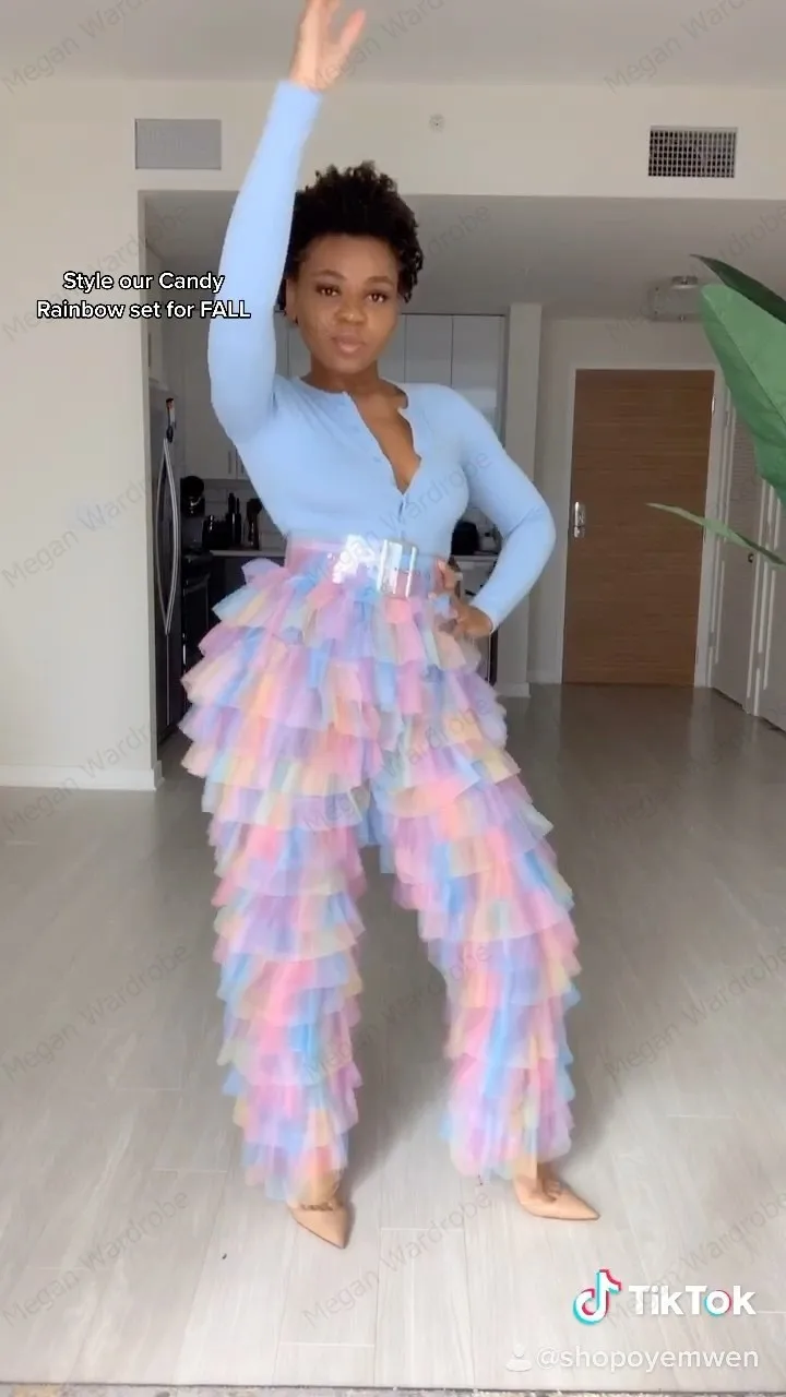 New Fashion Colorful Pants With Frillys Women Custom Made Rainbow Pant Layered High Waist Plus Size High Street Photography