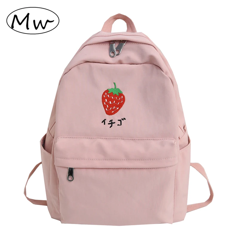 

Pink Color Women Backpack Harajuku Style School Bag Nylon Waterproof Backpack Cute Fruit Embroidery Solid Color Travel Bagpack