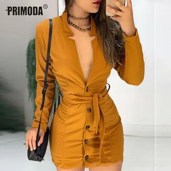 

Women Fashion V-neck Brown Bodycon Dress Single-breasted Buttons Sashes Outwear Elegant Office Lady Work Business Overall PR479G