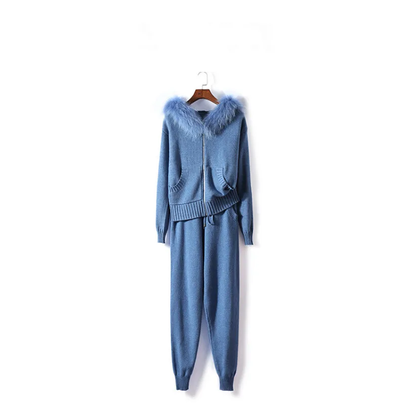 Женский кашемировый костюм из 2 предметов вязаный кардиган с капюшоном и