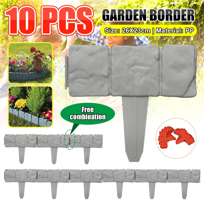 10/20Pcs Gray Garden Fence Stone Effect Plastic Lawn Edging Garden Flower Border 