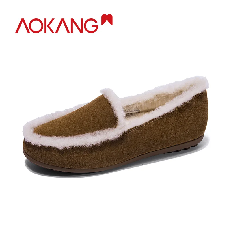 AOKANG/ г.; женские зимние туфли на плоской подошве с бантом; теплые женские лоферы без застежки; мягкая обувь из натуральной кожи; короткая плюшевая обувь для женщин