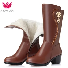 Русские сапоги из натуральной кожи модные сапоги до колена на меху женские теплые сапоги из натуральной шерсти зимние сапоги с круглым носком Большие размеры 43