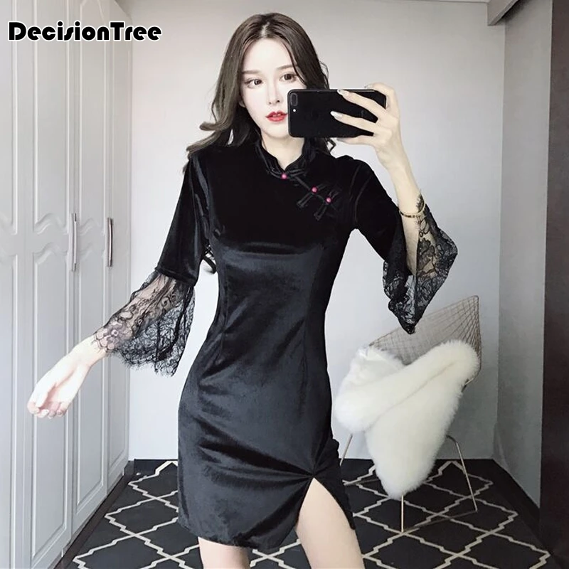 Черное кружевное свадебное cheongsam современное улучшенное китайское платье qipao вечерние платья шелковый атлас qipao ночной клуб