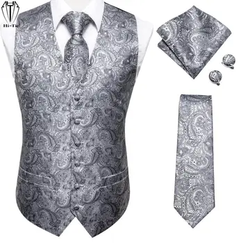 4PC Vest Necktie Pocket Square Cufflinks Silk Men's Slim Waistcoat Neck Tie Set for Suit Dress Wedding Business Paisley Floral 1