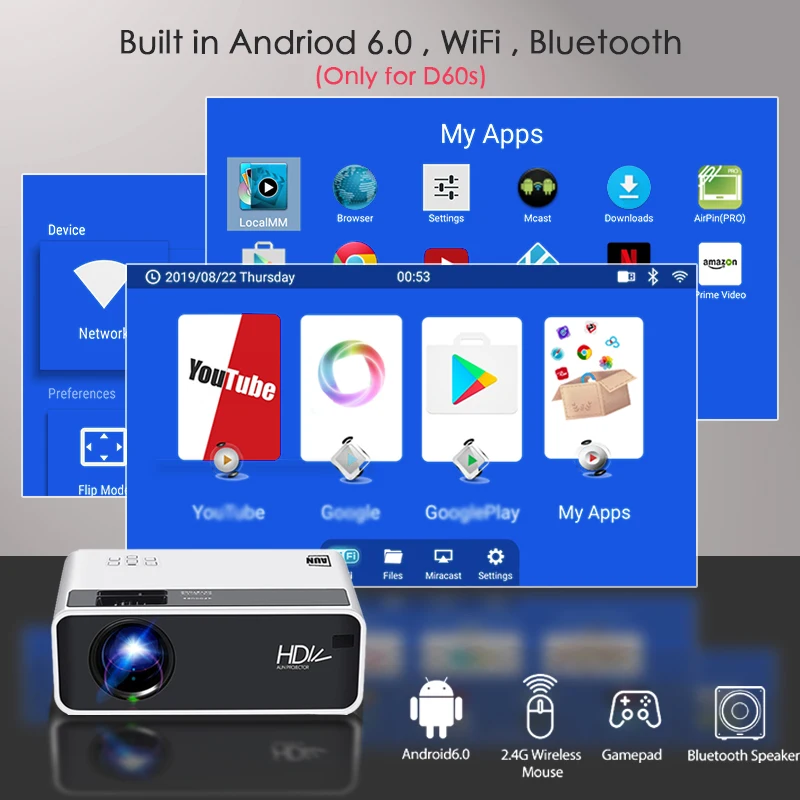 Мини проектор AUN D60 1280x720P поддержка Full HD 1080P для домашнего кинотеатра Android 10 0 Wi Fi ТВ