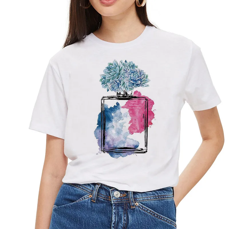

Summer Female Short Sleeved T-shirt Harajuku Casual Lady Top Tees Fashion T Shirts Vogue Women Flower Perfume Printing Tops Tee