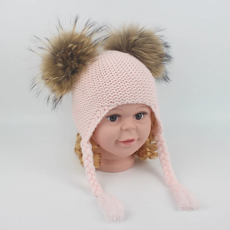 Детские зимние наушники, шапка из натурального меха для малышей, 2 предмета, шапка с помпоном, милая Высококачественная детская Рождественская Подарочная шапка - Цвет: pink