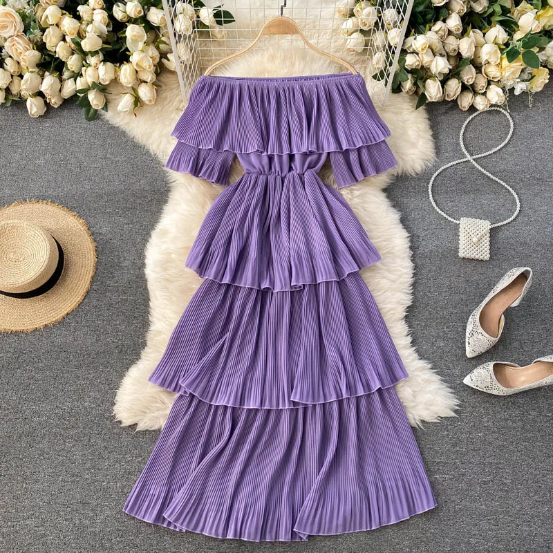 

Sexy Off Shoulder Holidays Long Dress Women Summer Fashion Slash Neck Elastic Waist Cascading Ruffles Casual Beach leated Dress