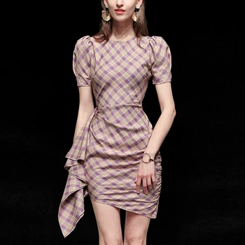 

Seifrmann Women Summer Fashion Runway Short Dress Puff Sleeve Ruffles Plaid Striped Printed Ladies Asymmetrical Dresses vestidos