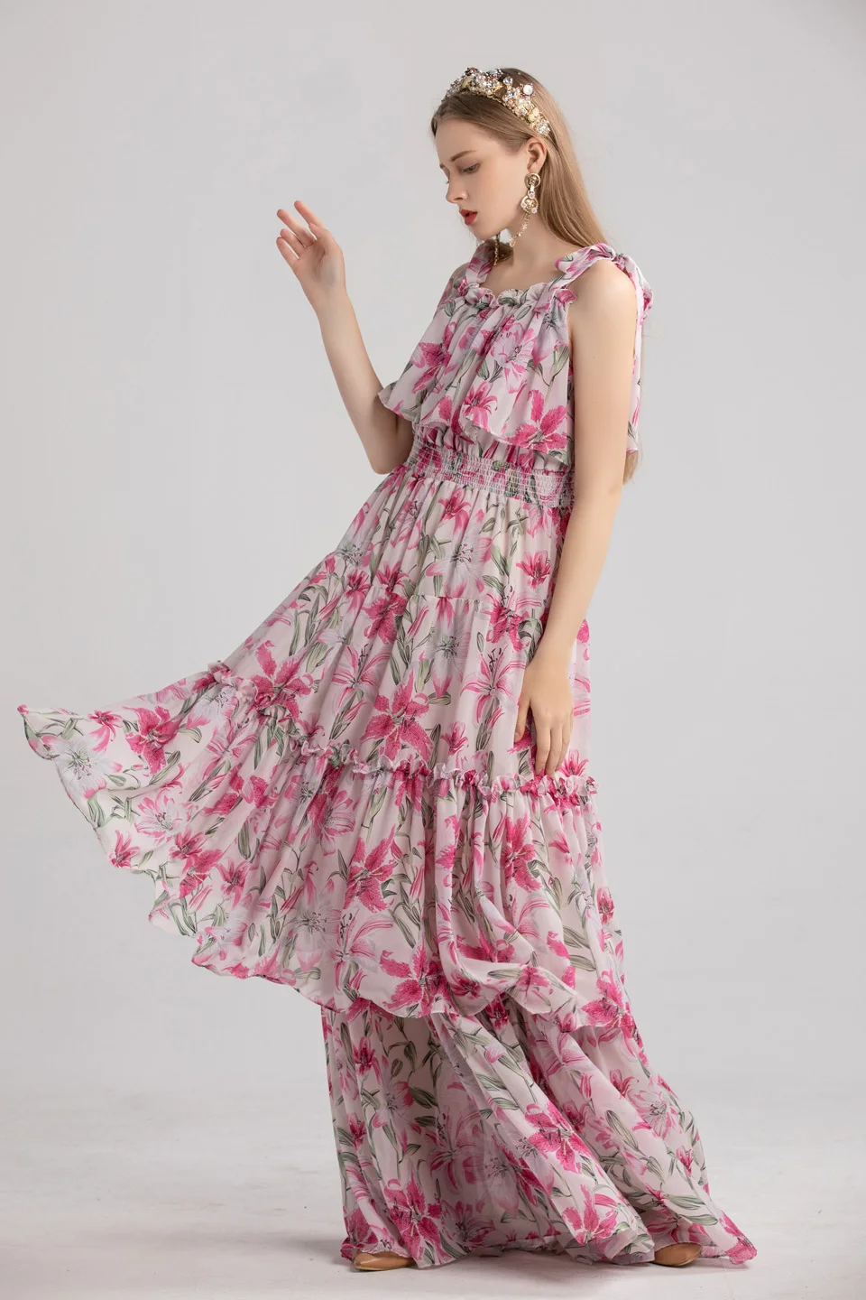 by Megyn Fashion Runway Autumn Long Sleeveless Maxi Dress Women's elastic Waist Floral Print Elegant Party Holiday Long Dress