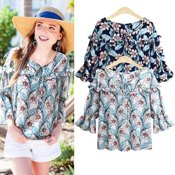 

2020 New Arrival Aslea Rovie Regular Casual Chiffon Three Quarter Bow Print O-neck Flare Sleeve China (mainland) Ages 18-35 Year