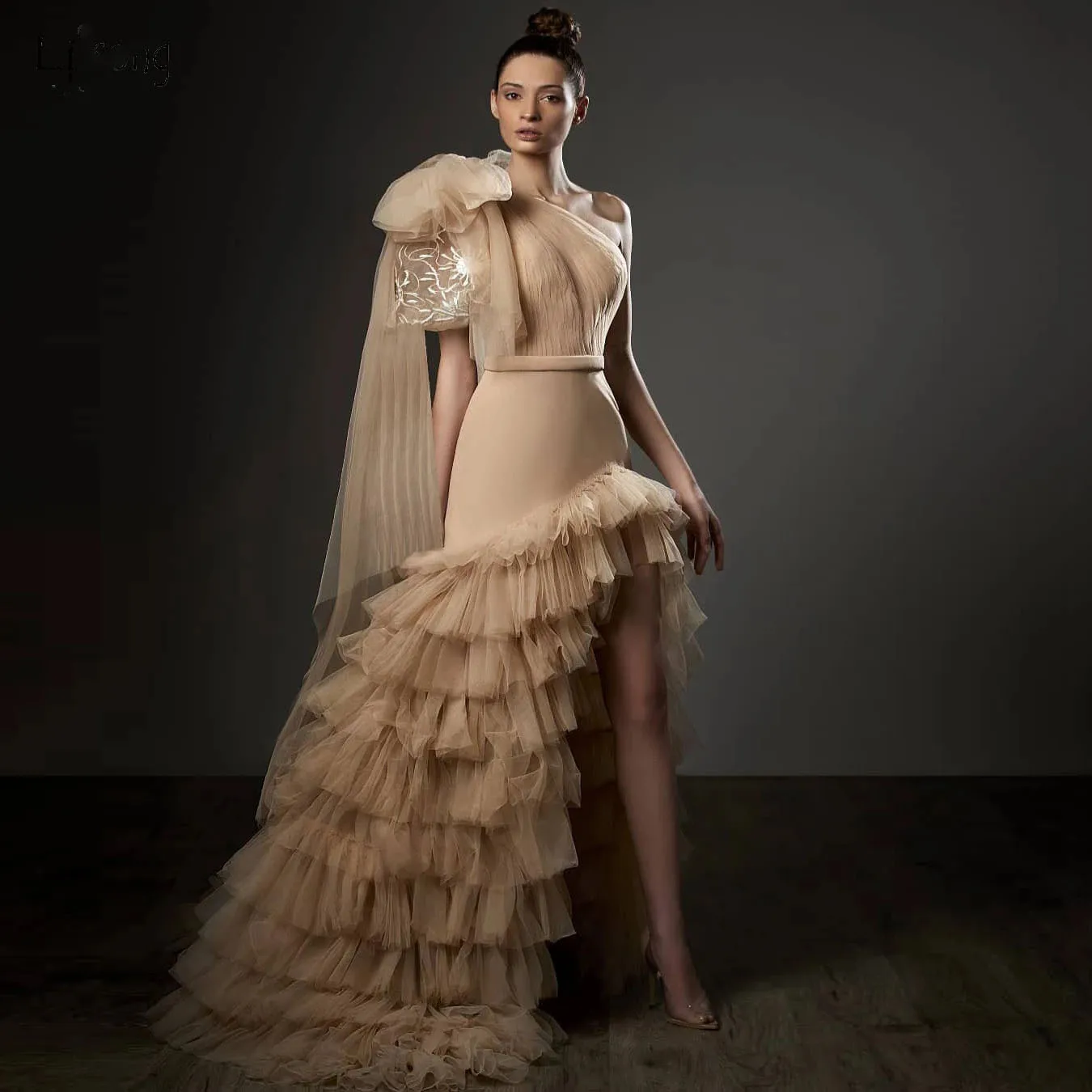 

Gorgeous One Shoulder Formal Dresses Champagne Lace Appliques Tulle Evening Gowns Lush Floor Length Formal Party Dress 2022