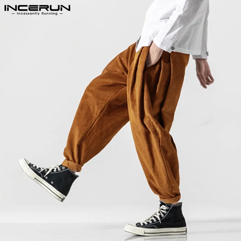 INCERUN Corduroy Men Pants Loose Solid Color Button Winter Joggers Casual Streetwear Fashion Vintage Trousers Men S-5XL