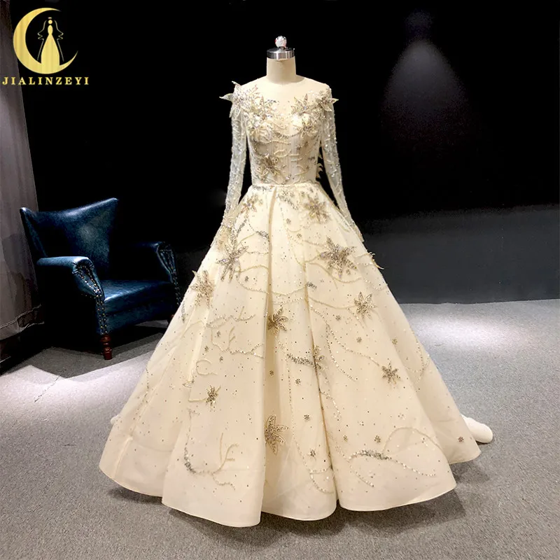 Платье с длинным рукавом Zuhair Murad ligth цвета шампанского вышивкой из бисера модные
