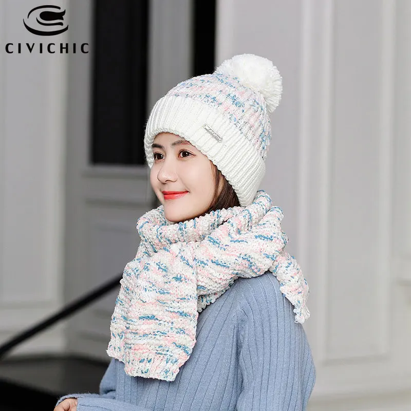 Шикарные женские шапочки Skullies, вязанный шарф, шапка, 2 шт., шейный утеплитель, колпачок для помпонов, разноцветная шаль, зимний теплый комплект SH121 - Цвет: White
