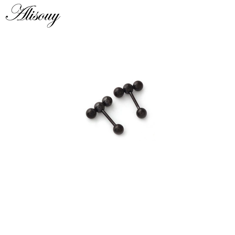 Alisouy 2pc Fashion Simple Multi Small Balls T bar Stud Earrings for Women Punk Stainless Steel Black/Gold/Silver color Ear Stud