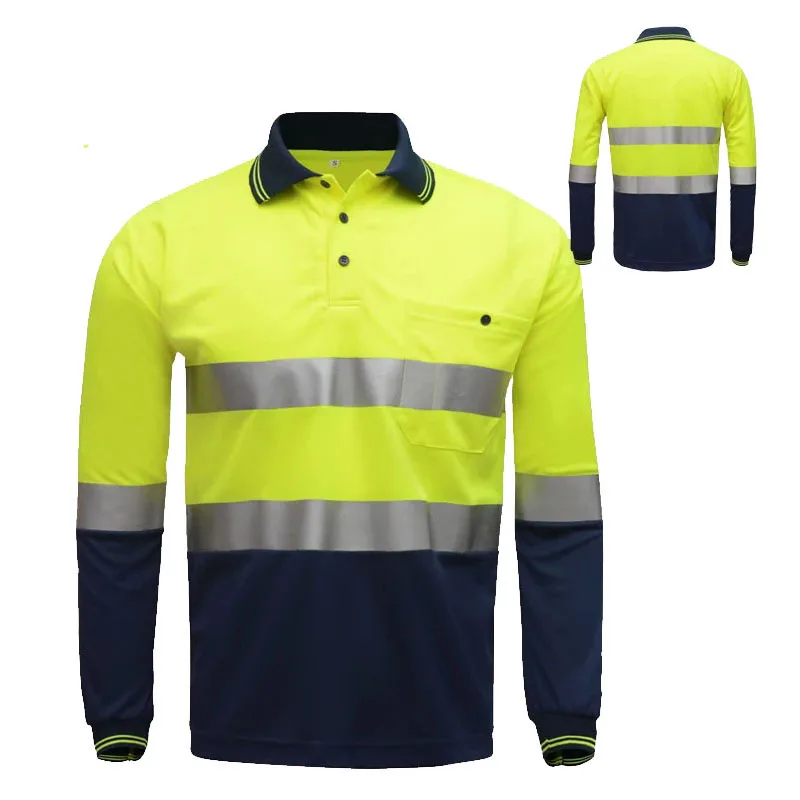Mens Visibility Reflective Tape Safety Polo Long Sleeve Workwear Tee Tshirt Top