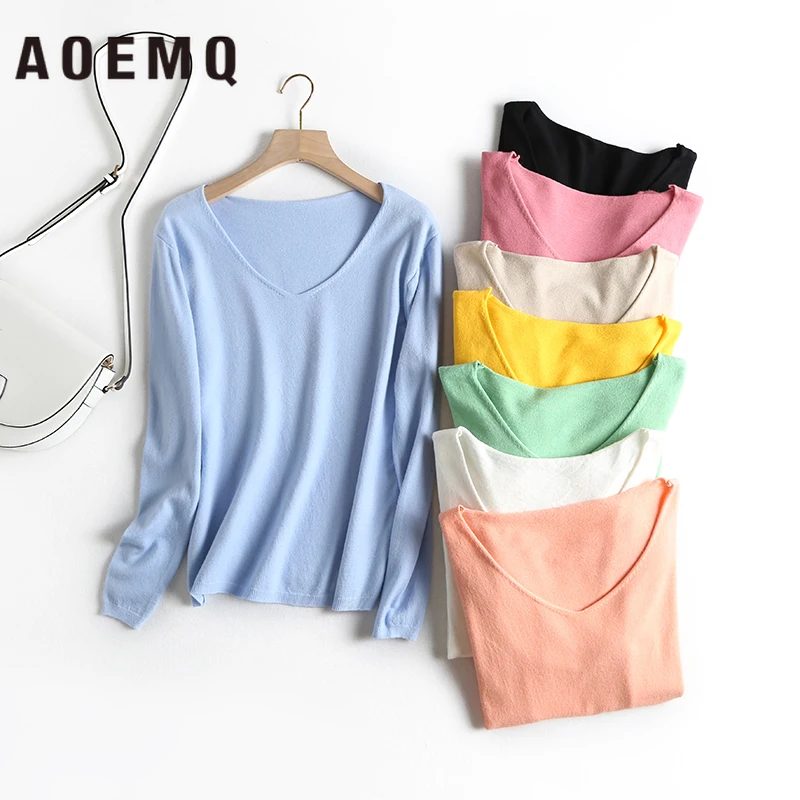 AOEMQ, Повседневные свитера, свободные, тонкие, 8 цветов, конфетные, милые, свитера, тонкая Домашняя одежда, v-образный вырез, с воротником-лодочкой, осенний свитер, женская одежда