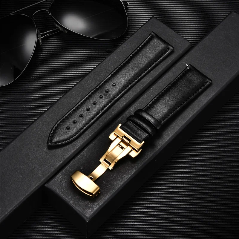Premium Leather Watchband with Stainless Steel Butterfly Buckle
