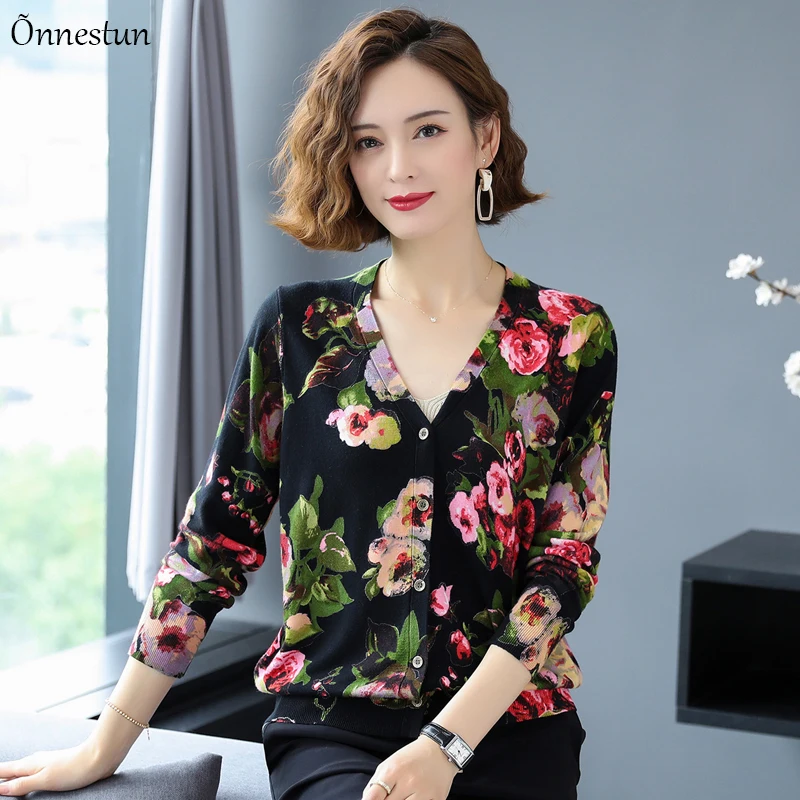 Plus Size Sweater Women New Autumn Casual Print Floral Woman Sweaters Cardigan High Quality Knitwear Single-breasted Cardigans |
