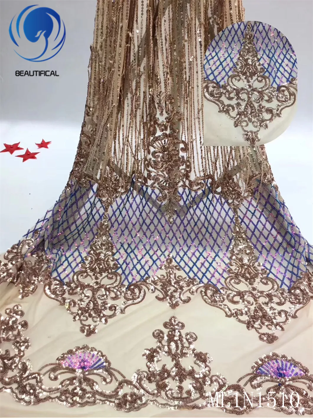 

Beautifical african lace fabrics 5yards Latest style nigerian net lace embroidery sequins fabric for women dress ML1N1510
