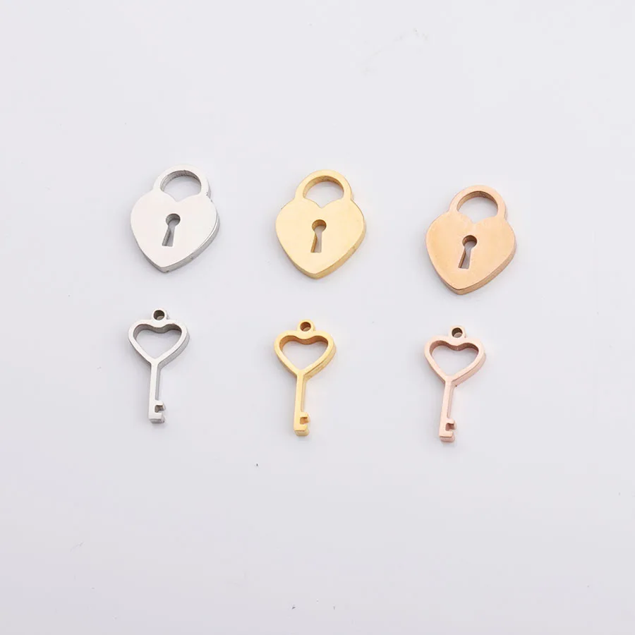 

Silver/Gold/Rose gold Stainless Steel Love Heart Lock Pendant Key Charm For Jewelry Making Mirror Polished Wholesale 20pcs