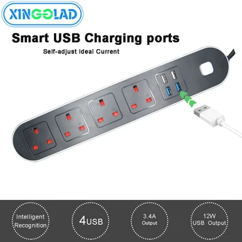 

Electrical Power Strip 10A Overload Protection 1.8M Cord UK Plug Adapter Extension Desktop Power Socket 4 AC Output 4 USB Ports