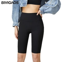 BIVIGAOS Spring Summer Elastic Sharkskin Knee Short Biker Shorts Women's High Waist Sexy bodybuilding Sport Shorts Black Gray 1