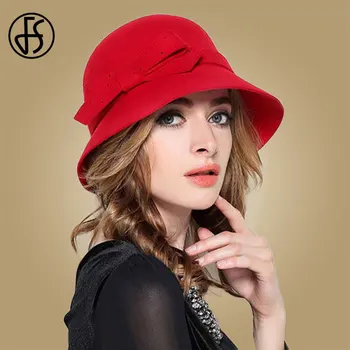 

FS Ladies Vintage Wide Brim Wool Hats Bow Bowler Red Fedora Hat For Women Chapeau Femme Feutre Winter Felt Cloche Church Fedoras