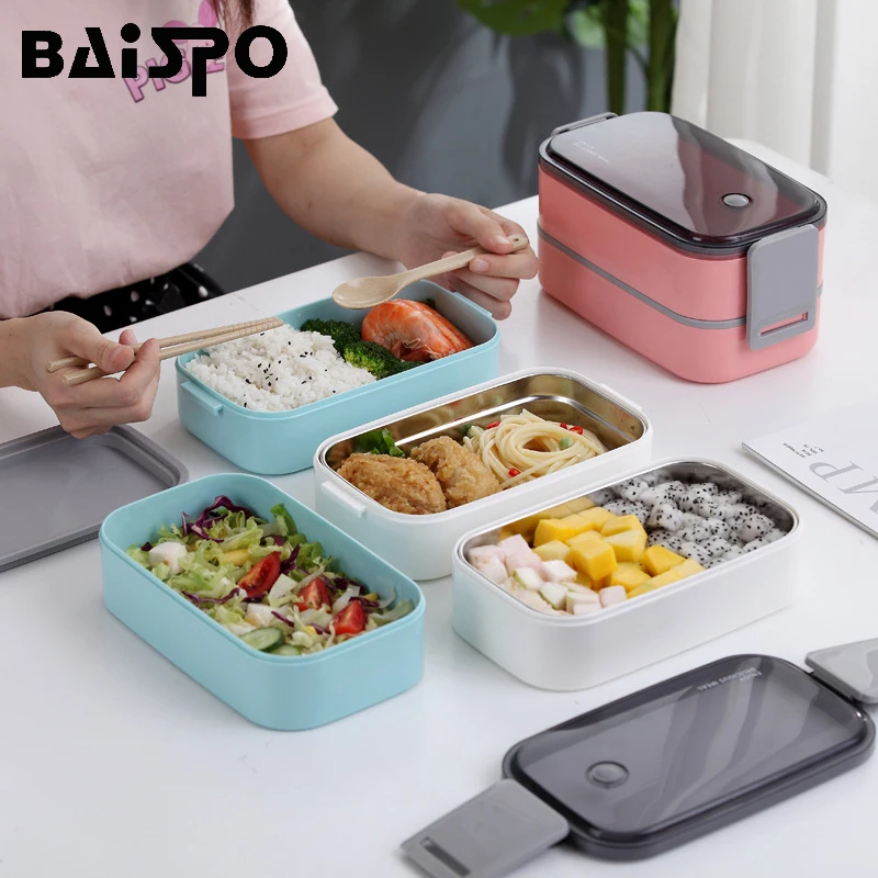 

Baispo Double Lunch Box With Cutlery 304 Stainless Steel Leakproof Compartment Food Container Kids Bento Box School Kitchen