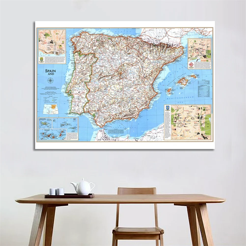 Retro Europe Partial Map Canvas Painting Photo Background Cloth Spain and Portugal Country Travel Wall Art Picture Poster |